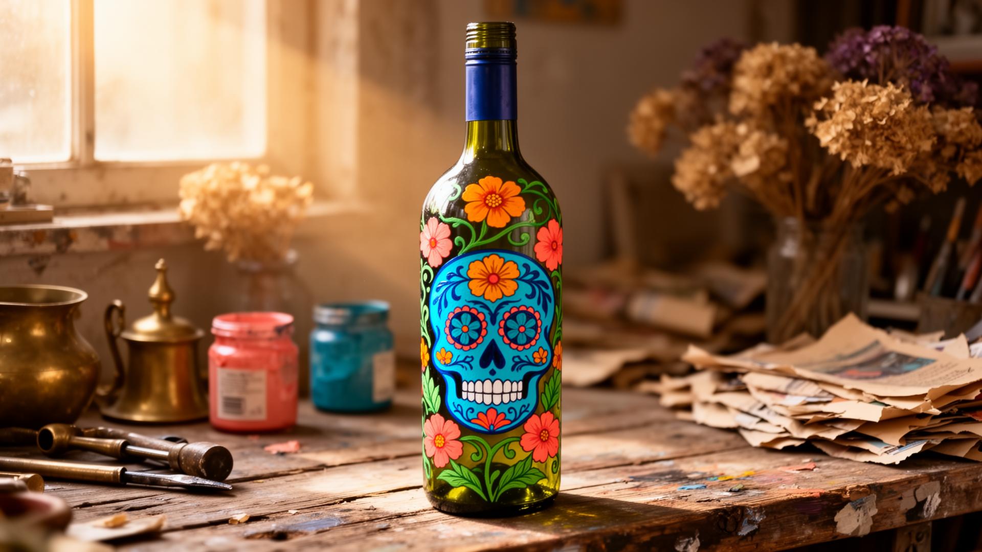 Hand-painted cobalt wine bottle with a folk sugar skull motif, surrounded by marigolds in a sunlit studio.